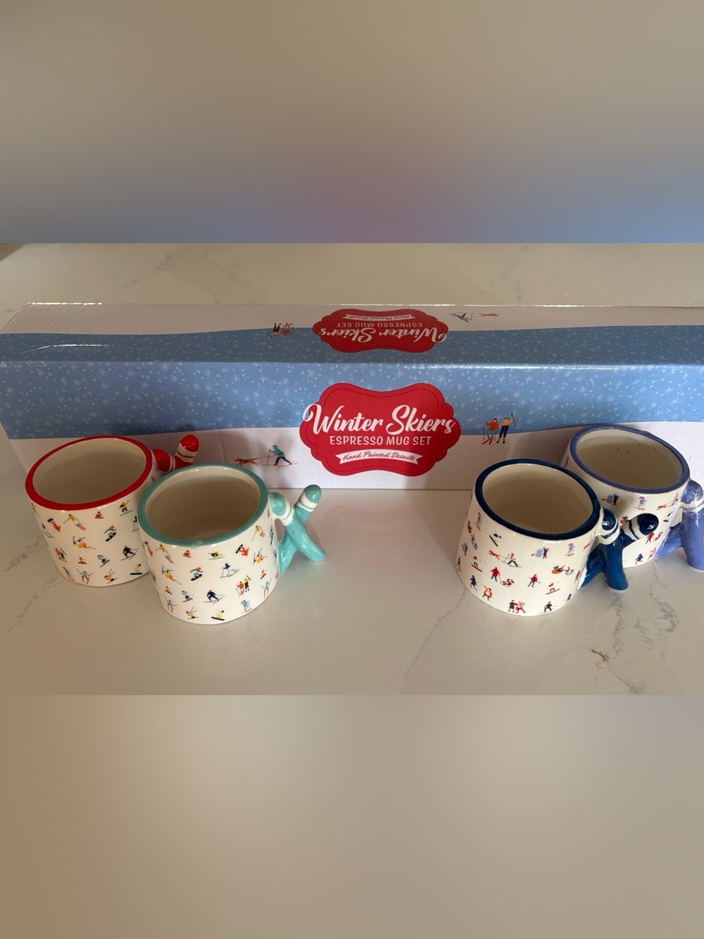 Winter Ski Espresso 4 Mugs Set - White with Multicolor Ski Pattern